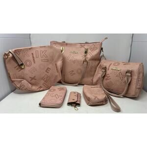 MKMEMOXI Mei & Ge Women's Fashion Retro Letter Print Pink Purse 6 Piece Set